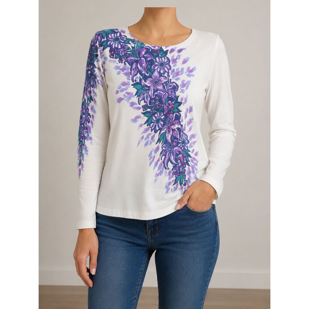 Bob Mackie Wearable Art Floral Blouse Size L White Purple Long Sleeve Top